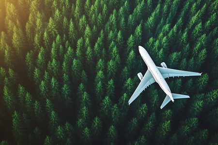 An aerial perspective captures a white commercial airplane soaring above a vast, dense forest. Sunlight filters through the trees, creating a dappled effect.の素材