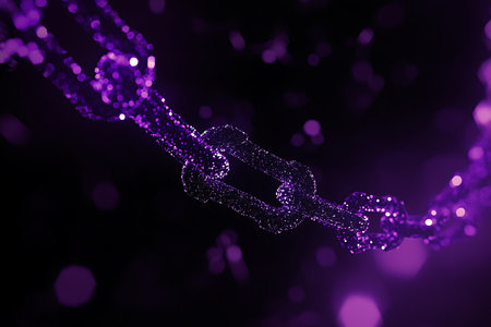 A close-up, abstract view of interconnected chain links glowing with vibrant purple light. The bokeh effect and dark backdrop create a sense of depth and digital innovation, perfect for tech themes.の素材