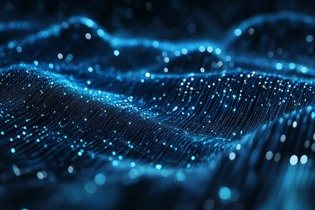 Mesmerizing abstract digital waves in deep blue hues, adorned with sparkling particles. This futuristic, cybernetic landscape evokes a sense of advanced technology and cosmic wonder.の素材