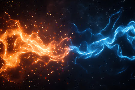 Experience the raw power of opposing forces colliding. Vibrant orange fire meets electrifying blue energy in a stunning visual display, perfect for dynamic and energetic themes.の素材