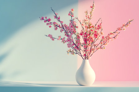 Elegant cherry blossom branches bloom with soft pink petals, arranged in a simple white vase. The pastel backdrop creates a serene atmosphere, enhanced by gentle light and shadow contrast.の素材
