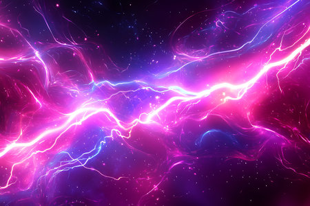 Experience the raw power of cosmic energy with this stunning abstract image. Swirling nebulae in shades of pink and purple are illuminated by a brilliant electric discharge.の素材
