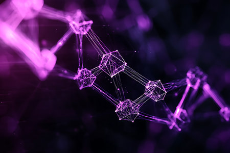Explore a mesmerizing abstract visualization of a glowing purple network structure. This image evokes a sense of advanced technology, digital connections, and ethereal energy. Perfect for science, innovation, or abstract art themes.の素材