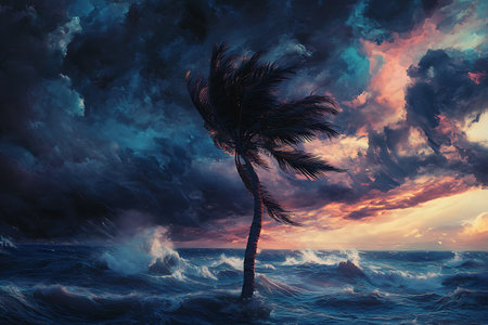 A solitary palm tree stands against a dramatic sky during a vibrant sunset over a stormy ocean. The waves crash, creating a powerful and moody tropical scene.の素材