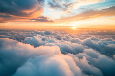 Experience a breathtaking view of dramatic sunset colors illuminating a vast expanse of clouds and ice formations. A scene of serene beauty and natural wonder.の素材