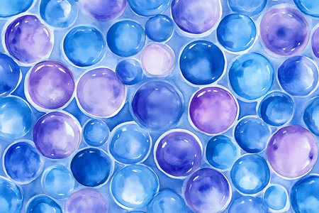 A mesmerizing abstract pattern featuring translucent blue and purple spheres with a soft, luminous glow. The composition evokes a feeling of liquid water droplets or translucent marbles.の素材