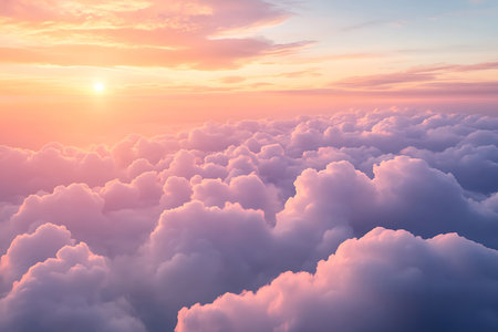 Experience the breathtaking beauty of a sky filled with soft pastel clouds illuminated by the warm golden hues of a sunset. This serene scene evokes peace and tranquility.の素材
