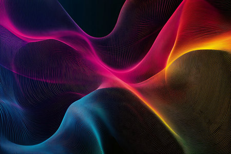 Vibrant, flowing waves of multicolored light create a mesmerizing abstract pattern. This dynamic display of energy and color evokes a sense of movement and depth.の素材