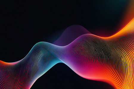 Experience a mesmerizing digital artwork featuring dynamic waves of vibrant colors, blending and flowing against a dark backdrop, creating an abstract and energetic visual.の素材
