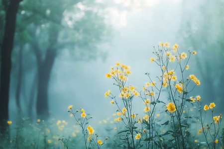 Gentle yellow wildflowers bloom softly in a hazy, sunlit forest. The misty atmosphere creates a dreamlike and serene natural landscape, perfect for peaceful imagery.の素材