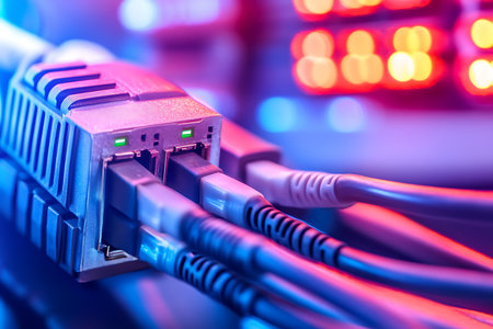 Detailed image showcases multiple network cables connected to a port, illuminated by a soft, colorful bokeh effect from distant electronic devices.の素材