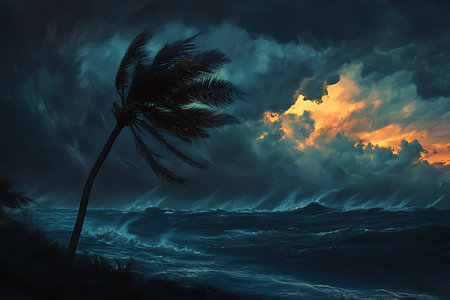 Experience the raw power of nature with this evocative seascape painting. Turbulent waves crash under a dramatic sky illuminated by the last rays of sunlight.の素材