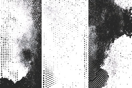 A high-contrast monochrome abstract image featuring a distressed grunge texture with prominent halftone dot patterns and splattered paint effects for a raw, artistic look.の素材