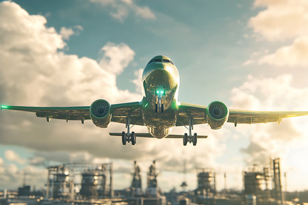 A commercial airliner takes flight as the sun sets, casting a warm glow over a sprawling industrial city with tall structures and cloudy skies overhead.の素材