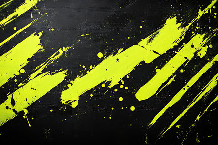 Dynamic abstract background featuring bold yellow paint splatters and diagonal stripes. This grunge texture offers a striking visual with its energetic composition and high contrast.の素材