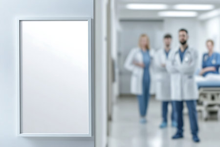 A group of doctors and nurses stand in a modern hospital hallway. A blank white door frame is prominent in the foreground, offering space for custom messages or announcements.の素材