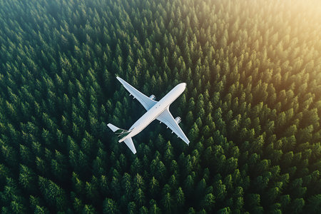 An aerial drone shot captures a modern passenger jet soaring above a vast, lush green forest. Sunlight streams from the upper right, casting warm tones across the scene.の素材