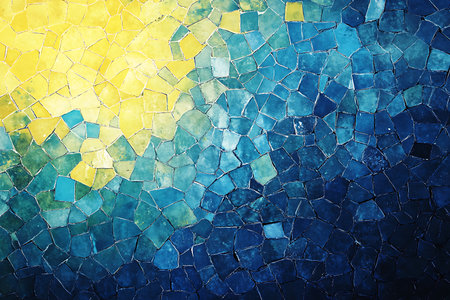 A dynamic abstract mosaic pattern featuring an explosion of vibrant colors. Yellow blends into blues and greens, creating a visually stimulating and energetic artistic composition.の素材