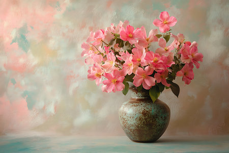 A vintage-style still life featuring a textured ceramic vase overflowing with vibrant pink bougainvillea blossoms. The soft focus background adds a dreamy, artistic ambiance to this floral arrangement.の素材