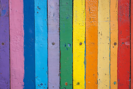 A close-up, abstract view of numerous colored paper or fabric strips arranged vertically. The diverse palette showcases a spectrum of hues, creating a visually engaging and lively composition.の素材