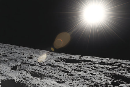 A detailed view of the rugged moon surface under the intense glare of the sun. This image evokes the vastness and mystery of space exploration and celestial bodies.の素材