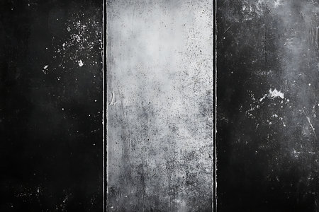 Explore the abstract beauty of this monochrome image showcasing a detailed textured panel with variations in speckling and grit, evoking a sense of raw, organic material or distressed surfaces.の素材