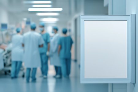 A softly focused image captures medical staff moving through a hospital hallway. An illuminated, blank poster hangs on the wall, ready for information or display in a healthcare setting.の素材