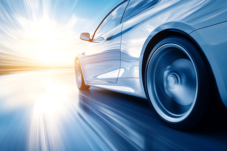 Experience the thrill of speed with this dynamic image of a modern silver sports car. Captured at sunset with impressive motion blur, it evokes a sense of fast movement and luxury.の素材