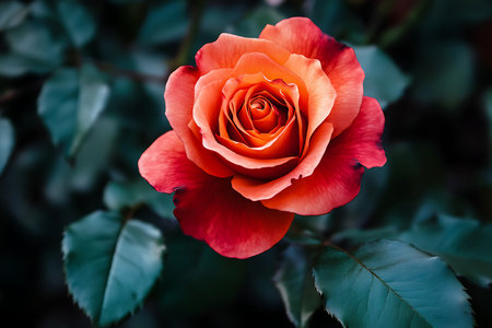 A stunning close-up of a fully bloomed rose, showcasing its intricate petals with rich red and vibrant orange hues. Surrounded by lush green foliage, this image captures nature's exquisite artistry.の素材