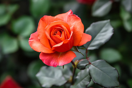 A stunning close-up of a vibrant orange rose in full bloom. Its delicate petals showcase a gradient of warm hues, surrounded by lush green foliage, capturing the essence of natural beauty.の素材