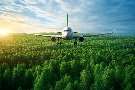 An airplane descends for landing over a vibrant green forest as the sun sets, casting warm golden light and dramatic shadows through the sky.の素材
