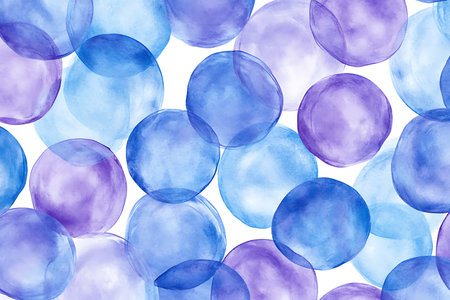 A gentle, abstract seamless pattern featuring translucent watercolor circles in shades of blue and purple. The soft washes create a dreamy and organic visual texture perfect for backgrounds and design elements.の素材