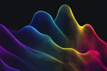 A visually striking digital artwork depicting abstract mountainous terrain with a vibrant rainbow gradient, evoking a sense of dynamic flow and rich color spectrum.の素材