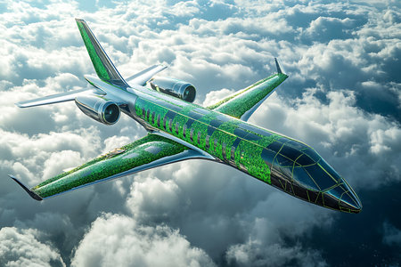 A vibrant green private jet cruises gracefully through a sky filled with dramatic, textured clouds, showcasing luxury travel and aerial perspective in stunning detail.の素材