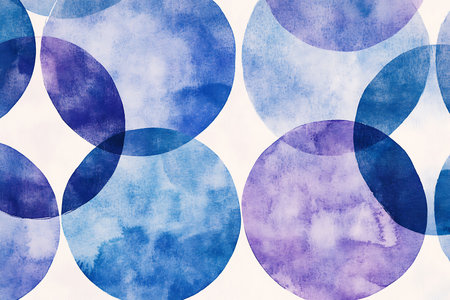 A gentle abstract pattern featuring overlapping watercolor circles in soothing shades of blue, purple, and amethyst. The soft, diffused textures create a calming and artistic visual effect for various applications.の素材