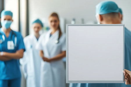 A group of four medical professionals, wearing scrubs and surgical caps, stand together. One person in the foreground faces away holding a blank whiteboard, ready for a message.の素材