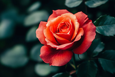 A stunning close-up of a single, vibrant orange rose with delicate petals and soft lighting. Its intricate details are showcased against a blurred green garden background, evoking natural beauty and serenity.の素材