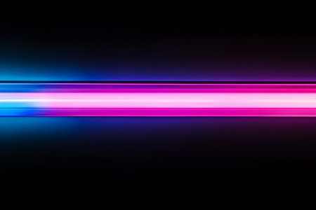 Dynamic horizontal streaks of vibrant neon light in blue and pink hues create an energetic abstract background, perfect for modern designs and digital art.の素材