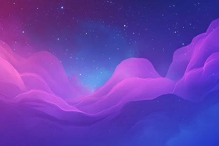 Experience the awe of the cosmos with this stunning digital artwork. Swirling clouds of vibrant pink and purple dance across a deep blue sky dotted with tiny stars, creating a dreamlike, ethereal atmosphere.の素材