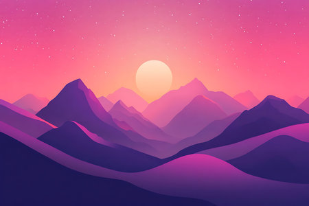 Experience a breathtaking pixel art landscape featuring majestic purple mountains bathed in the warm glow of a setting sun. A perfect blend of nature and digital art.の素材