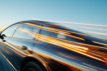 Dynamic motion blur effect on a car's side, showcasing the streak of lights reflecting its rapid movement on the road during twilight or night.の素材