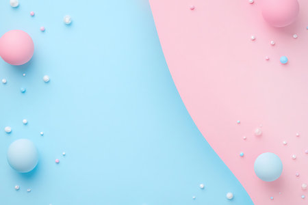 A calming and whimsical abstract backdrop featuring gentle pastel pink and blue gradients. Scattered delicate spheres and tiny bubbles add a touch of subtle magic and lightness.の素材