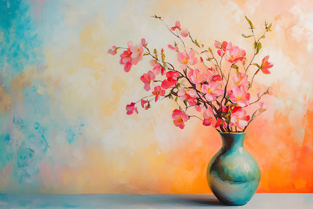 A delicate arrangement of vibrant pink cherry blossom flowers sits in a unique, textured vase. The background features a blend of soft, painterly colors, creating a serene and artistic atmosphere.の素材