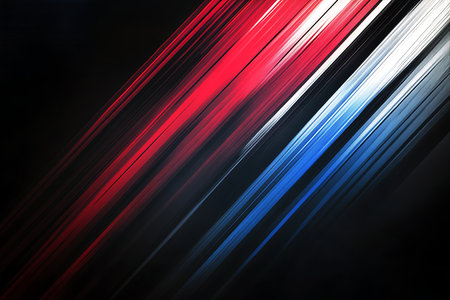 Vibrant diagonal streaks of red white and blue glow with motion blur creating an energetic abstract pattern. This dynamic design evokes a sense of speed and power.の素材