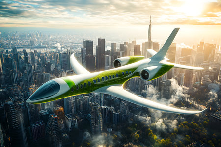 A sleek private jet with distinctive green accents flies high over a sprawling city at dawn. This image evokes speed, luxury, and the freedom of air travel.の素材