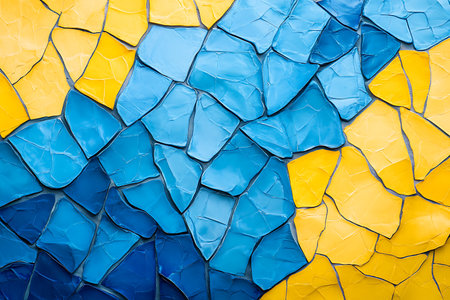 A close-up, abstract view of a mosaic pattern composed of irregular geometric shapes in shades of bright blue and warm yellow, creating a visually dynamic surface.の素材