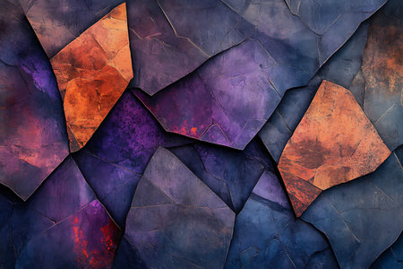 An abstract digital art piece featuring a tessellation of irregular geometric shapes with rich, textured surfaces. The color palette blends deep purples, vibrant oranges, and dark blues, creating a dynamic and visually engaging composition.の素材