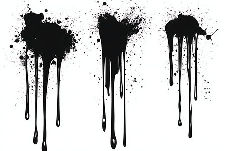 Dynamic black ink splatters and drips create an energetic abstract visual. Perfect for adding grunge texture or a distressed look to your designs.の素材