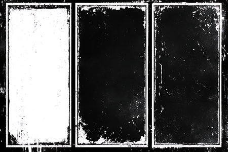 Three panels showcasing a distressed, grungy texture. Ideal for creating vintage or worn effects in graphic design projects, adding a unique, tactile feel to your visuals.の素材