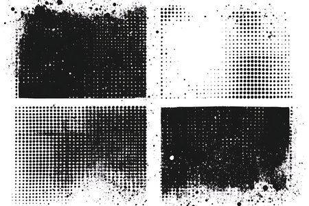 A collection of four distinct grunge halftone texture overlays featuring distressed edges and dot patterns. Perfect for adding a retro or gritty feel to your digital designs and artwork.の素材